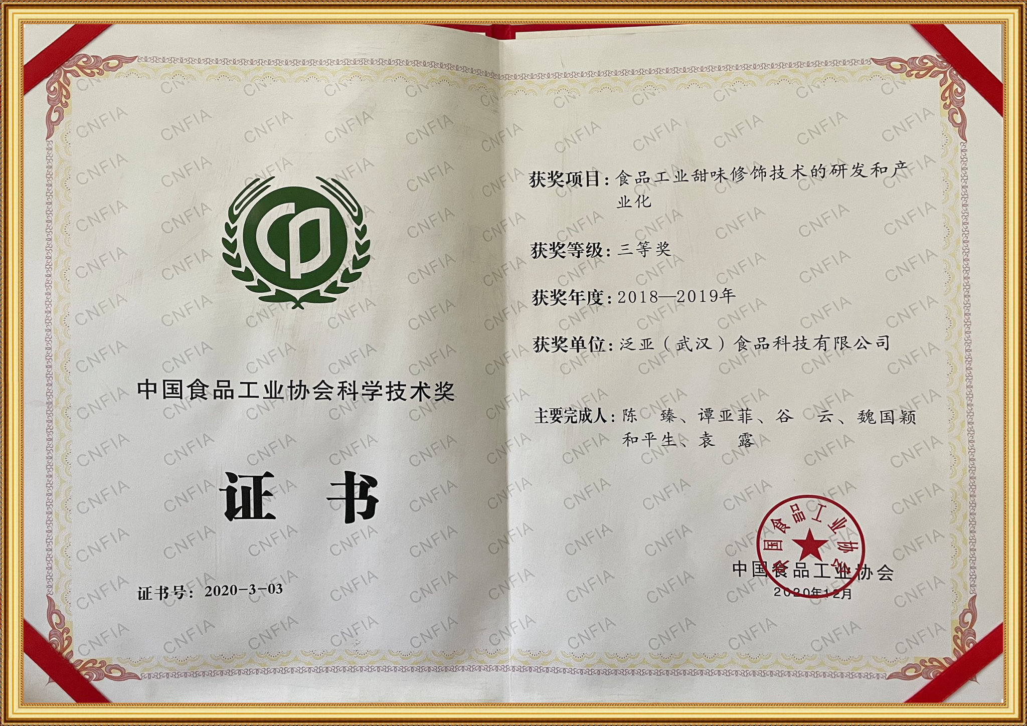 中国食品工业协会技术奖